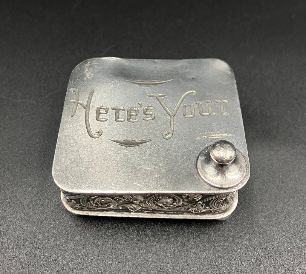 Antique Silver Plated Box “Here’s Your” Repousse Homan MFG Company Made USA