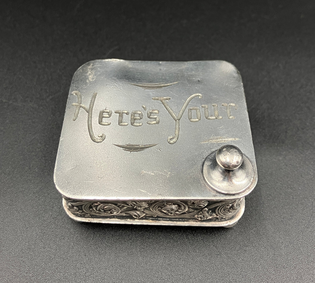Antique Silver Plated Box “Here’s Your” Repousse Homan MFG Company Made USA