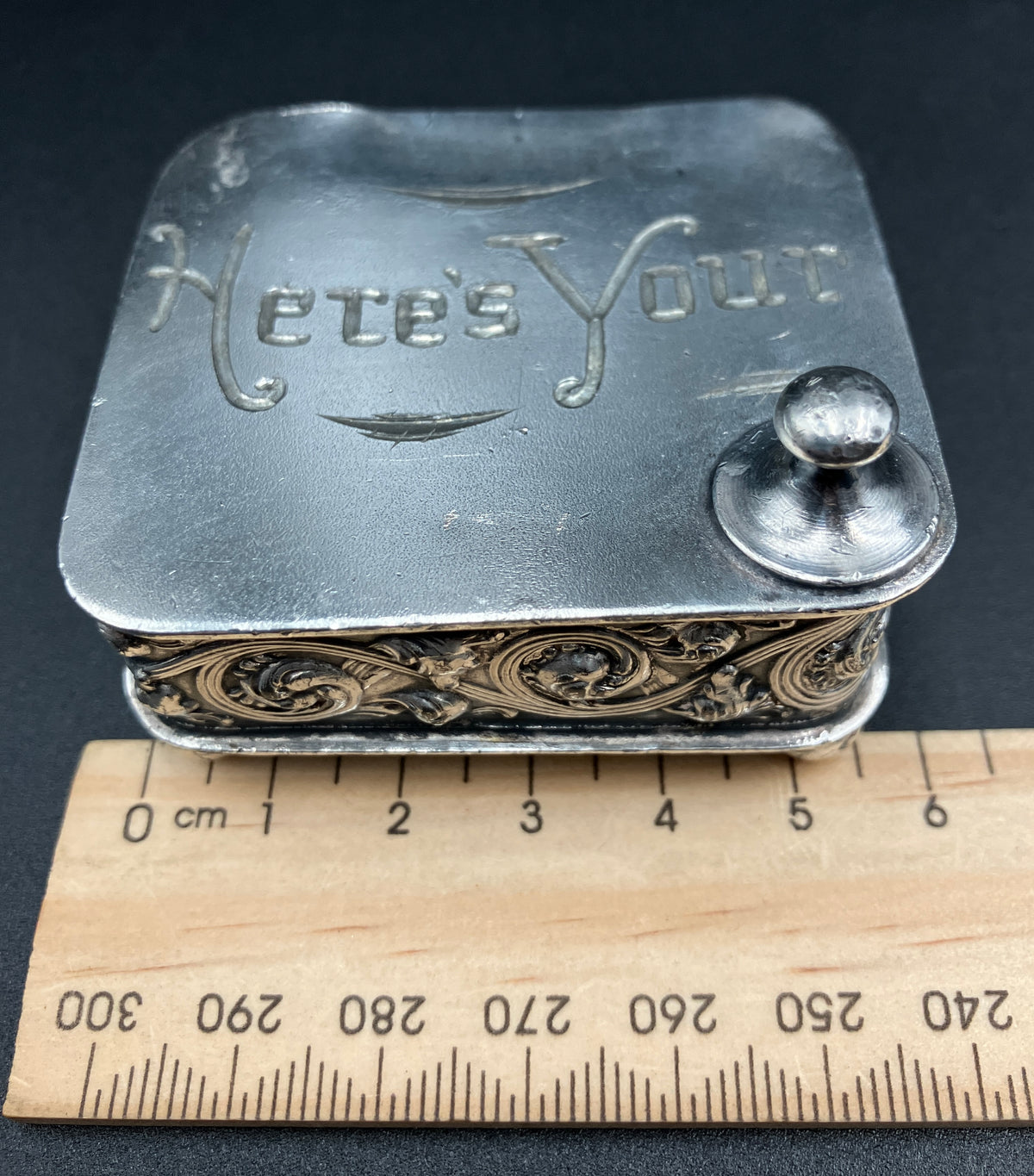 Antique Silver Plated Box “Here’s Your” Repousse Homan MFG Company Made USA