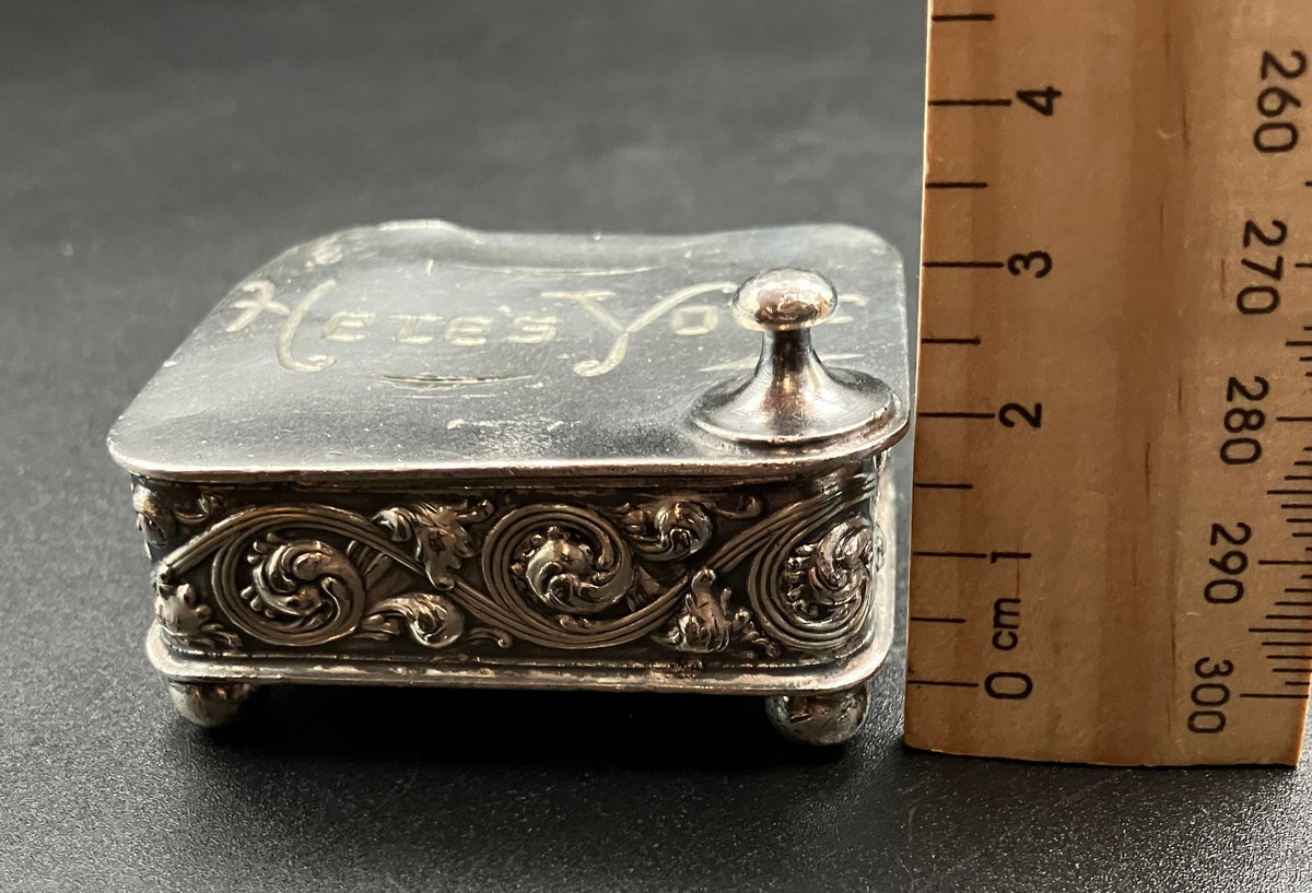 Antique Silver Plated Box “Here’s Your” Repousse Homan MFG Company Made USA