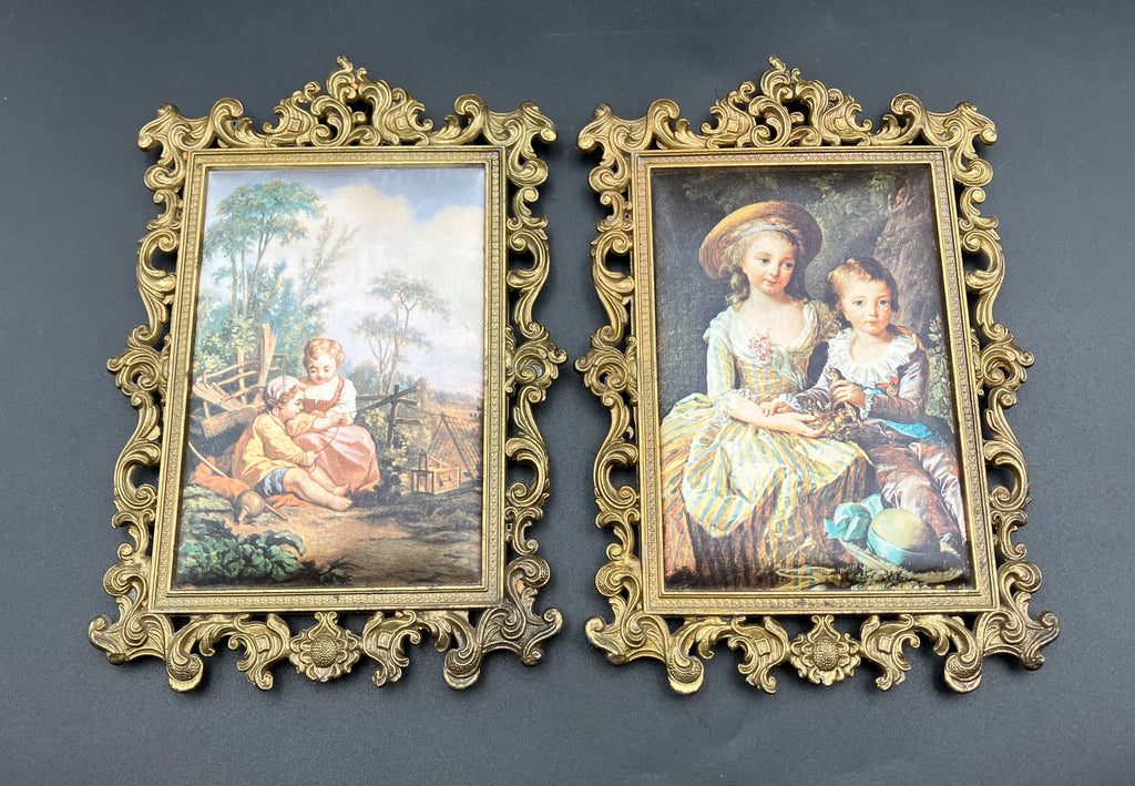 Vintage Italian Brass Frames Rectangular W Silks Lot of 2 - 14cm X 20cm