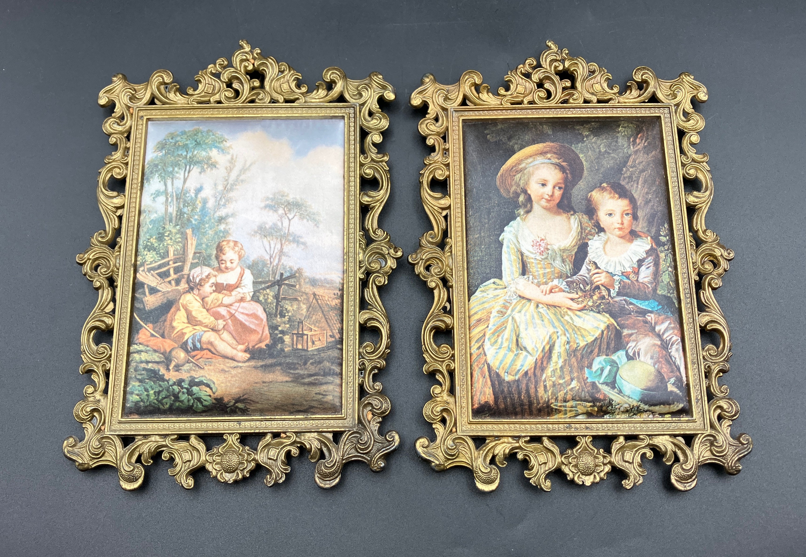 Vintage Italian Brass Frames Rectangular W Silks Lot of 2 - 14cm X 20cm