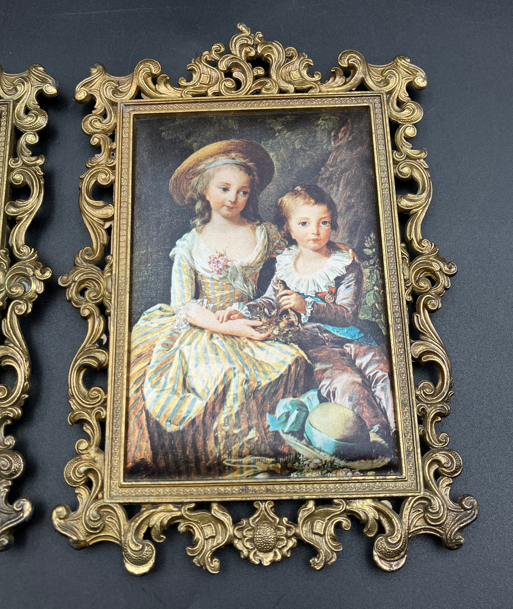 Vintage Italian Brass Frames Rectangular W Silks Lot of 2 - 14cm X 20cm
