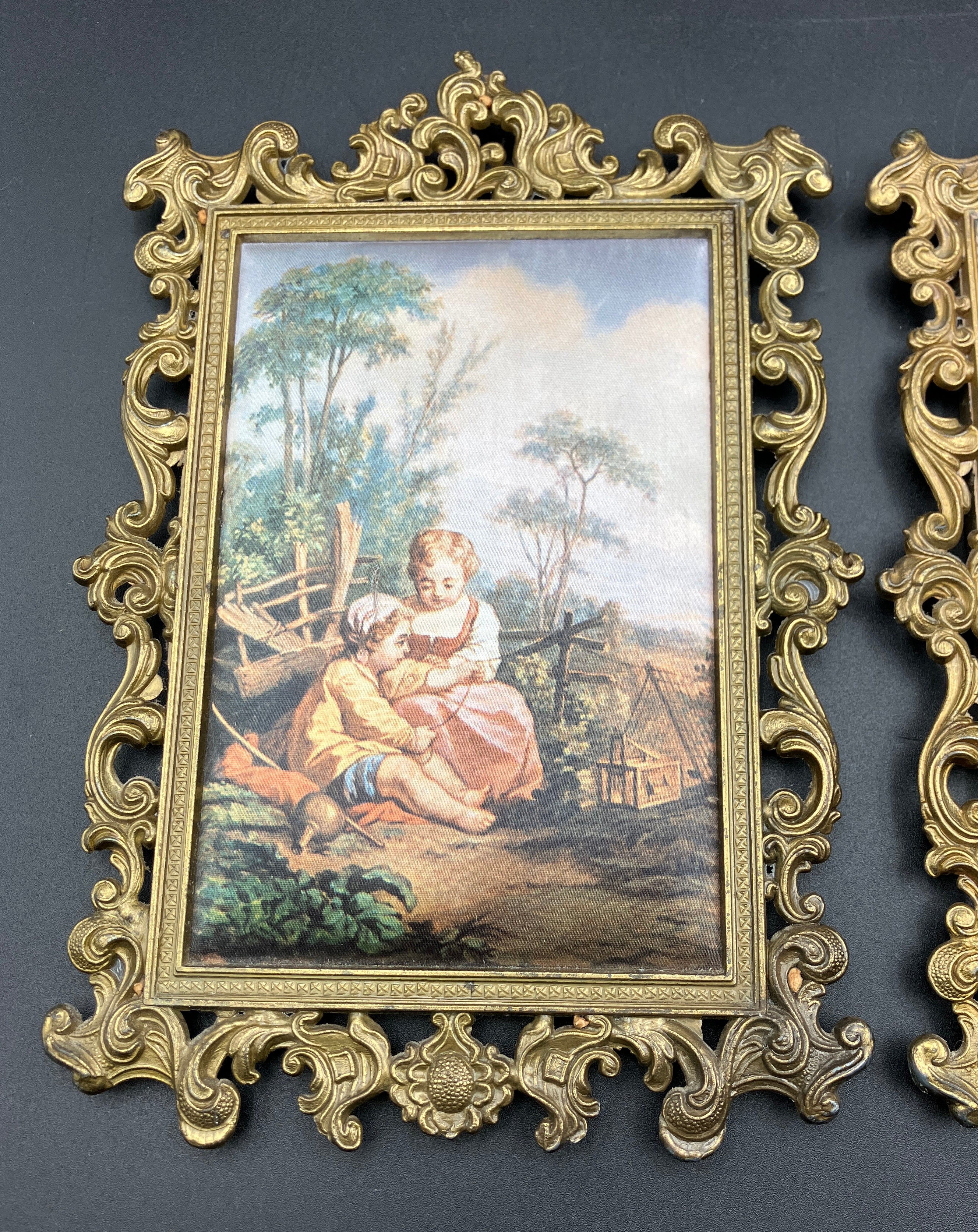 Vintage Italian Brass Frames Rectangular W Silks Lot of 2 - 14cm X 20cm