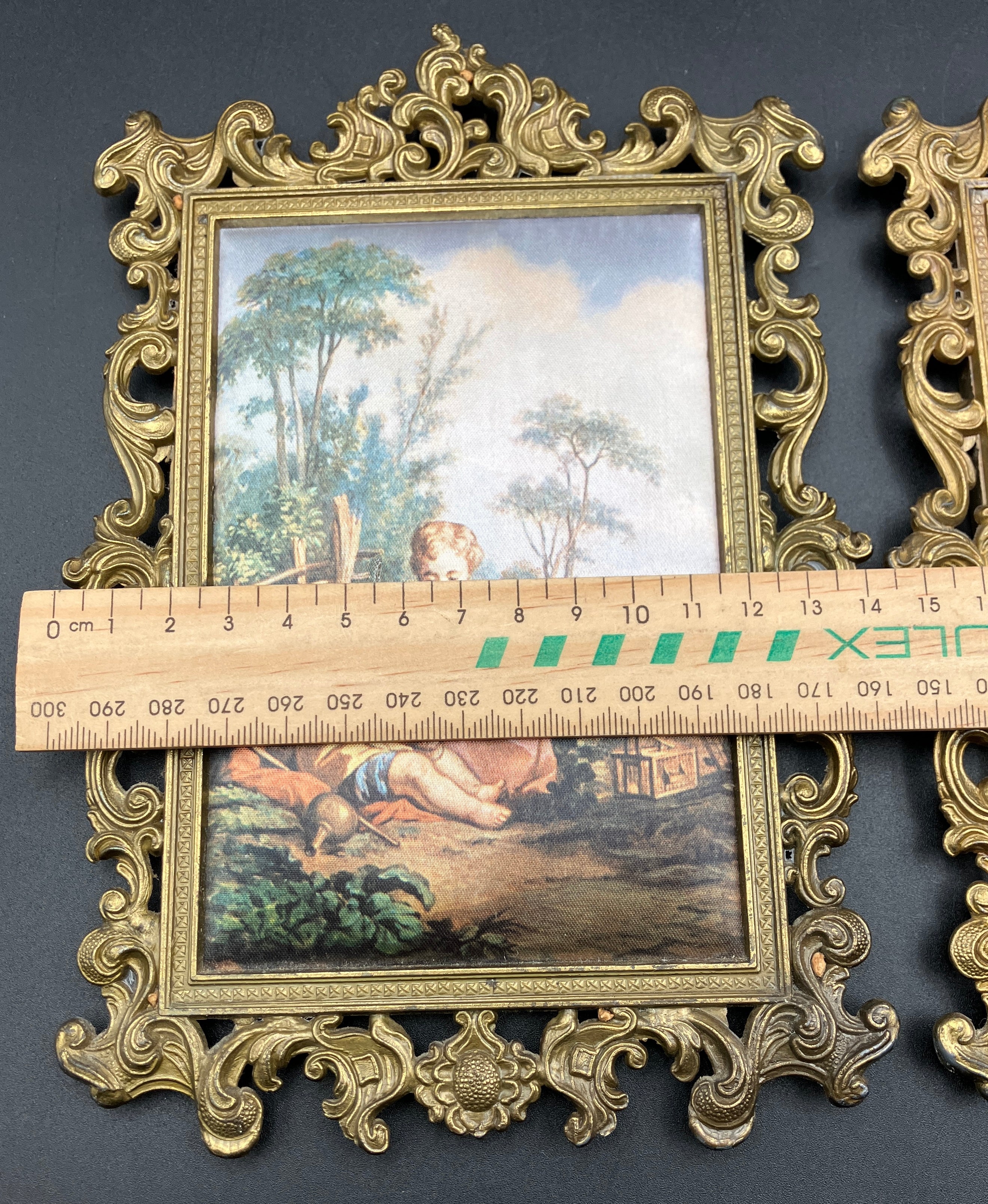 Vintage Italian Brass Frames Rectangular W Silks Lot of 2 - 14cm X 20cm