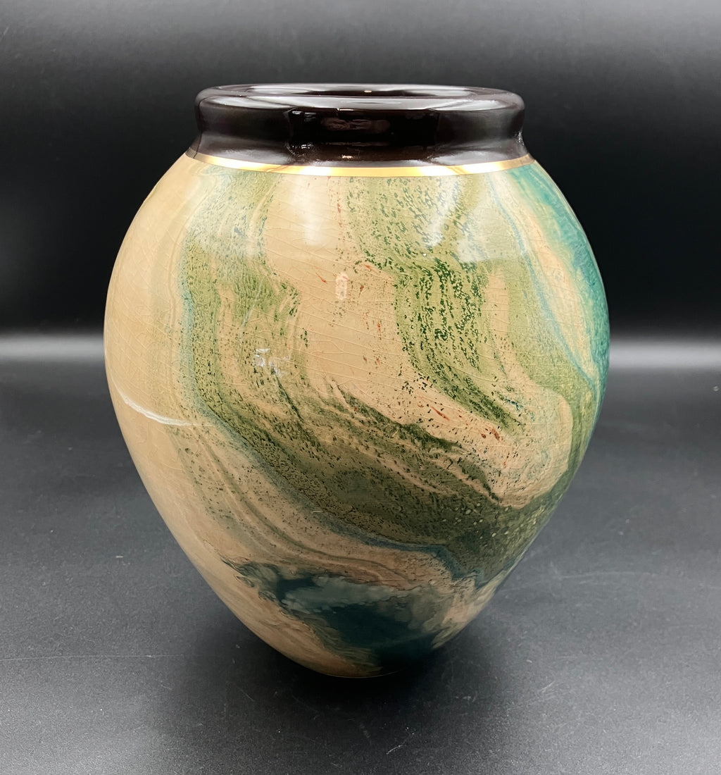 Jam Factory Pottery Vase In Green And Cream Large 20cm Height