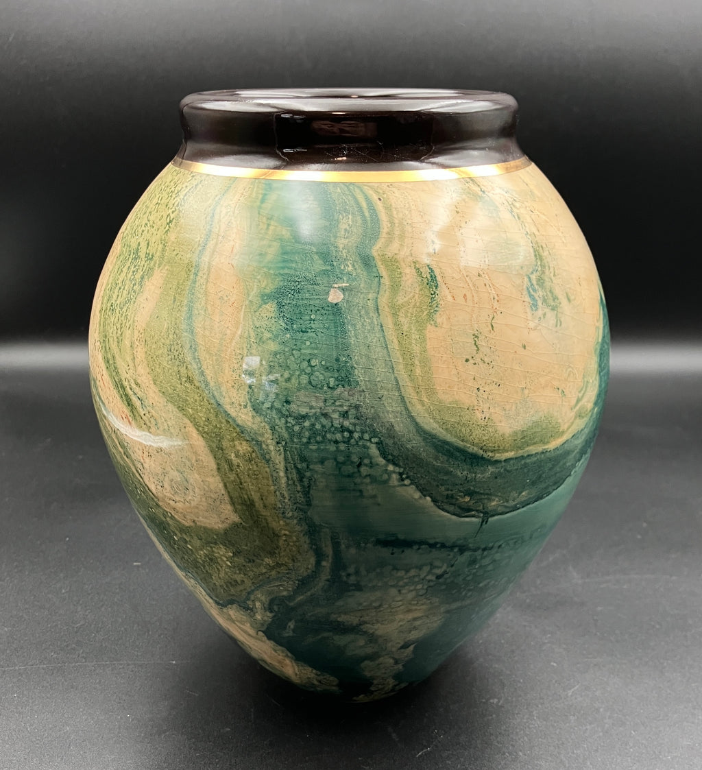 Jam Factory Pottery Vase In Green And Cream Large 20cm Height