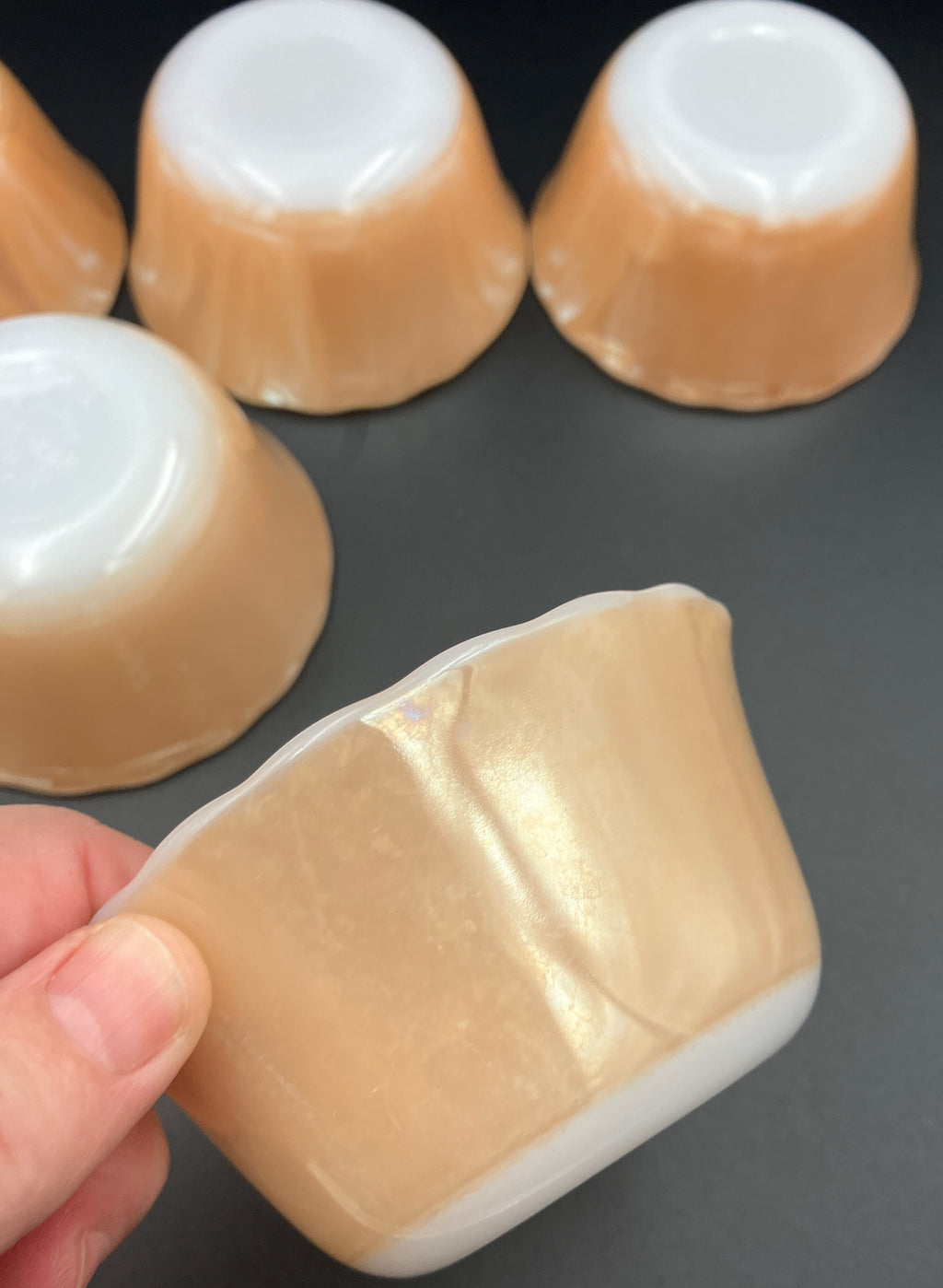 Vintage Fire King Peach Lustre X 7 - 6 oz Ramekins - Scalloped Edge Made USA
