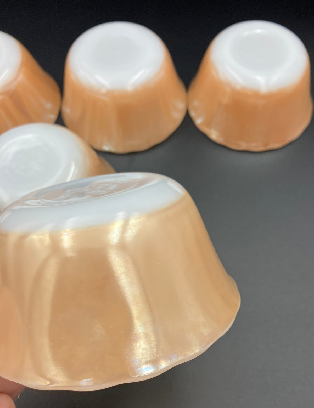 Vintage Fire King Peach Lustre X 7 - 6 oz Ramekins - Scalloped Edge Made USA