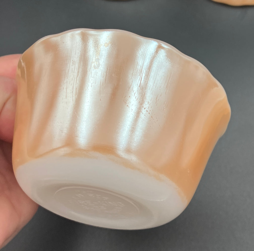 Vintage Fire King Peach Lustre X 7 - 6 oz Ramekins - Scalloped Edge Made USA