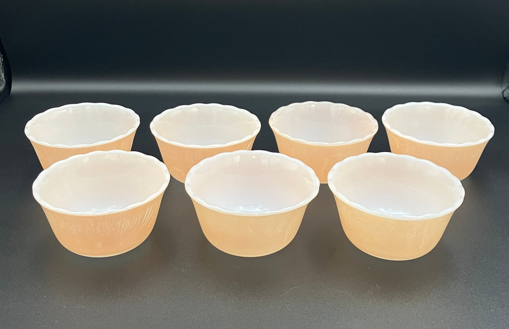 Vintage Fire King Peach Lustre X 7 - 6 oz Ramekins - Scalloped Edge Made USA