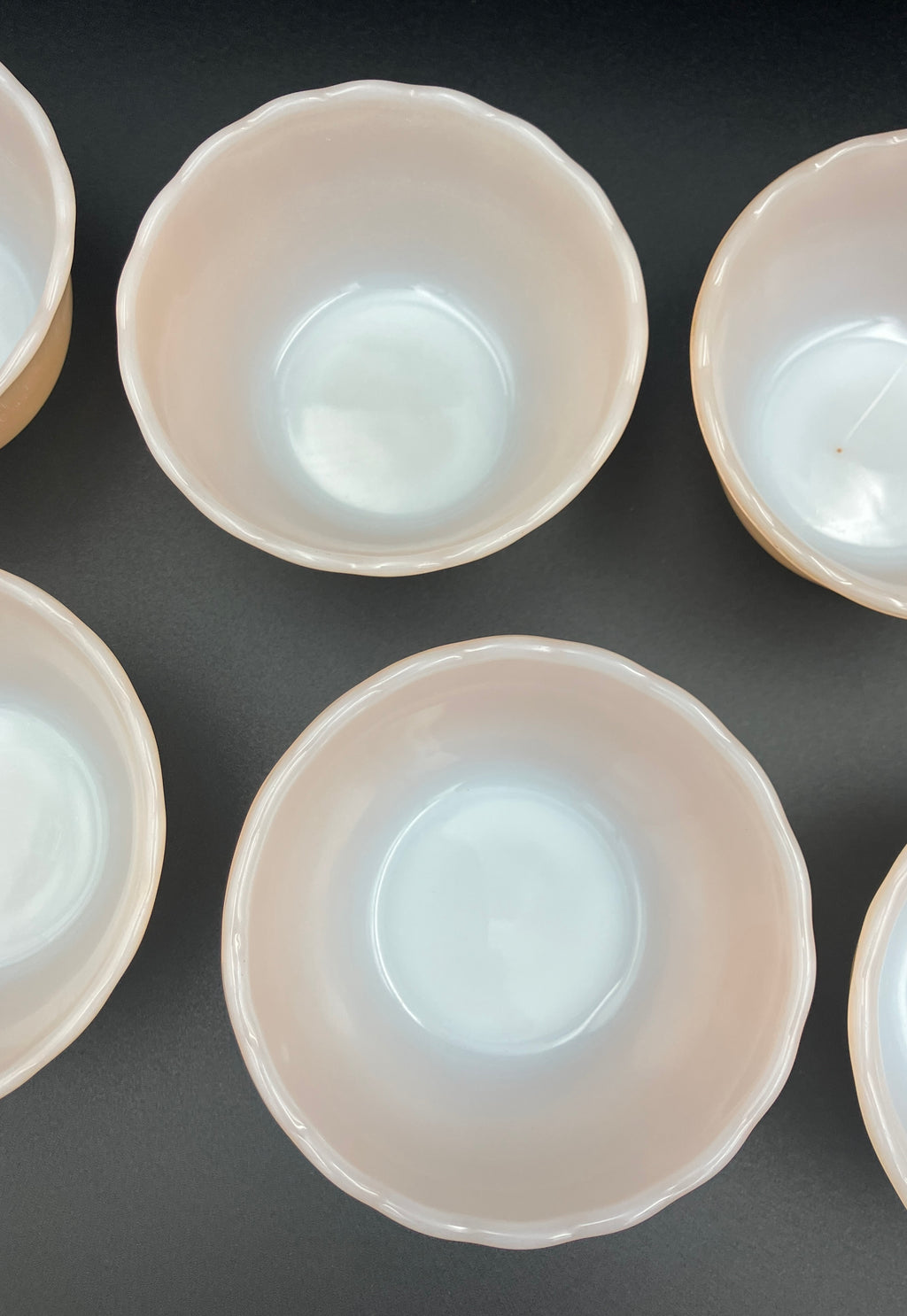 Vintage Fire King Peach Lustre X 7 - 6 oz Ramekins - Scalloped Edge Made USA