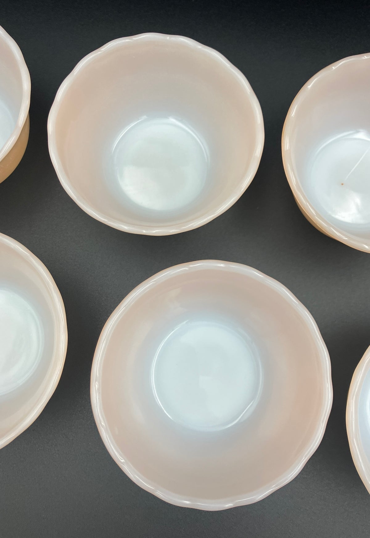 Vintage Fire King Peach Lustre X 7 - 6 oz Ramekins - Scalloped Edge Made USA