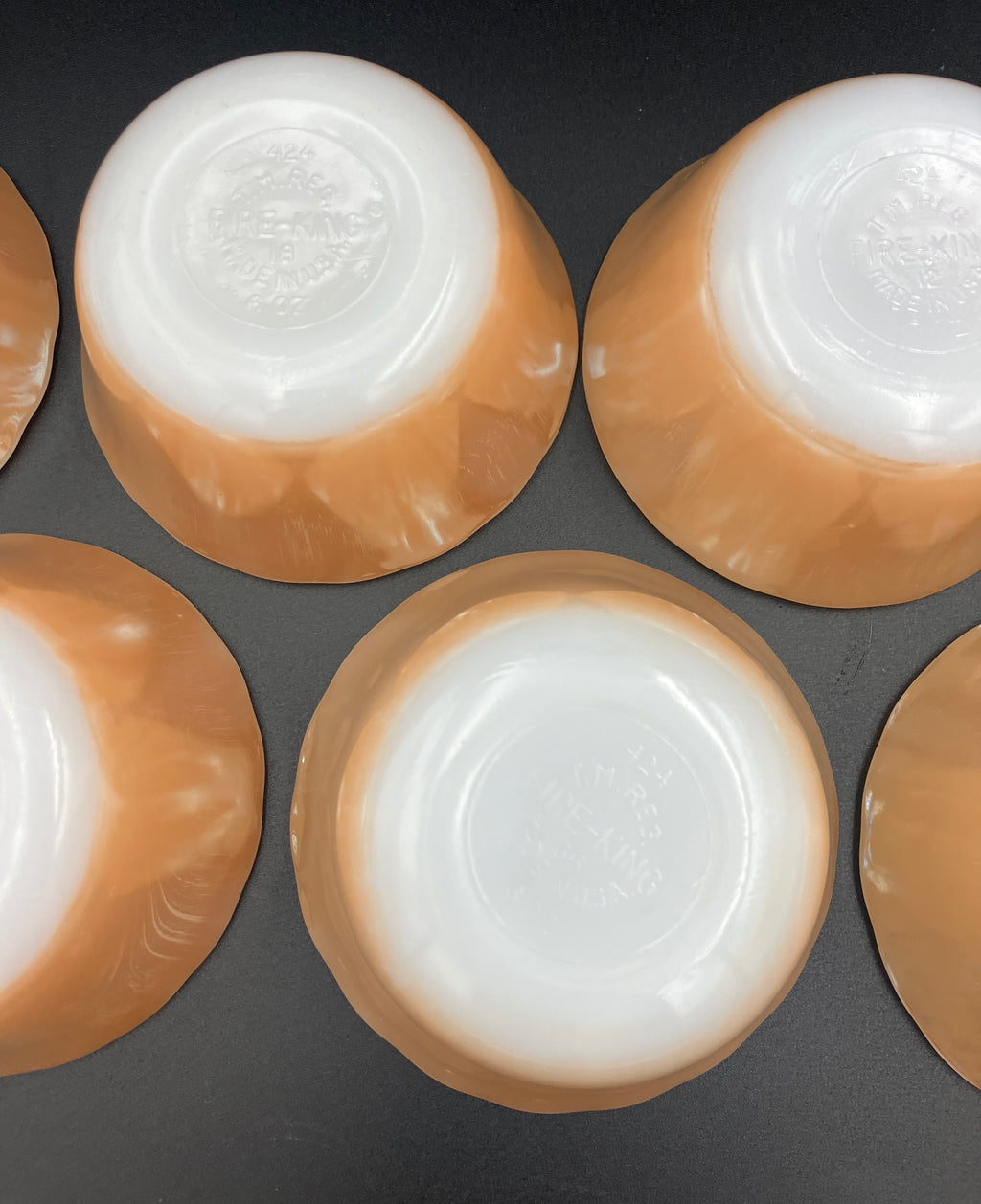 Vintage Fire King Peach Lustre X 7 - 6 oz Ramekins - Scalloped Edge Made USA