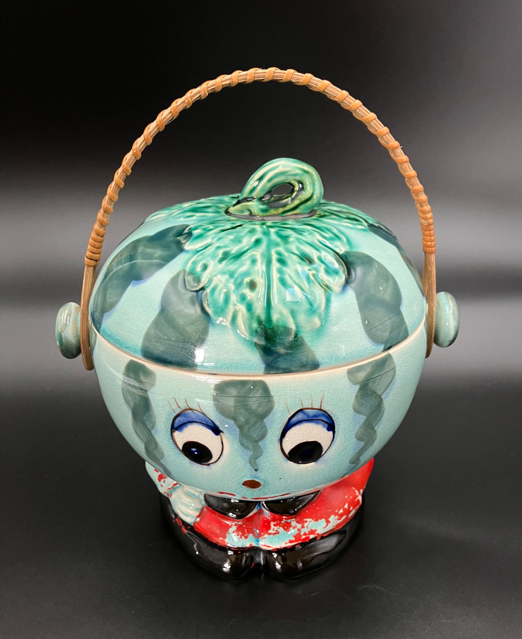 Vintage Cookie Jar Anthropomorphic Kitsch Watermelon With Cane handle Japan RARE