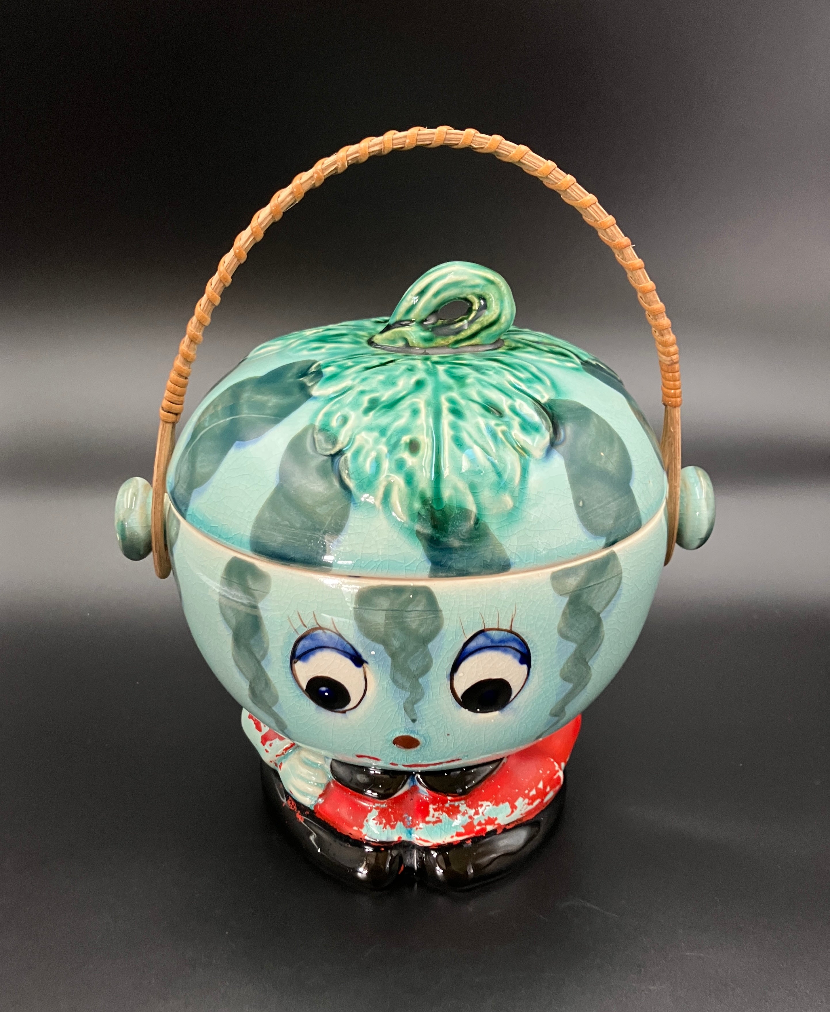 Vintage Cookie Jar Anthropomorphic Kitsch Watermelon With Cane handle Japan RARE