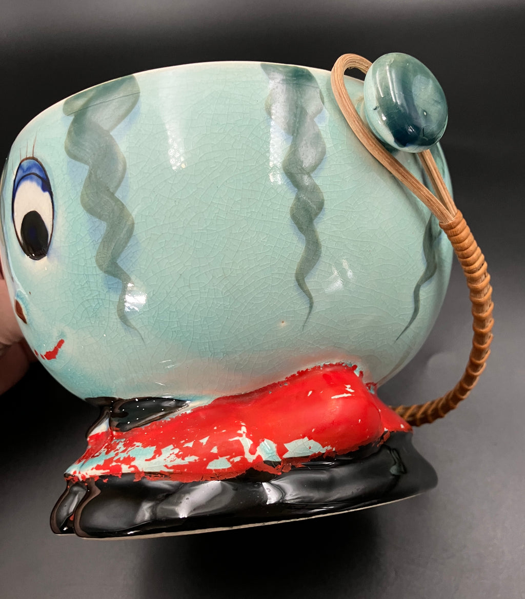 Vintage Cookie Jar Anthropomorphic Kitsch Watermelon With Cane handle Japan RARE