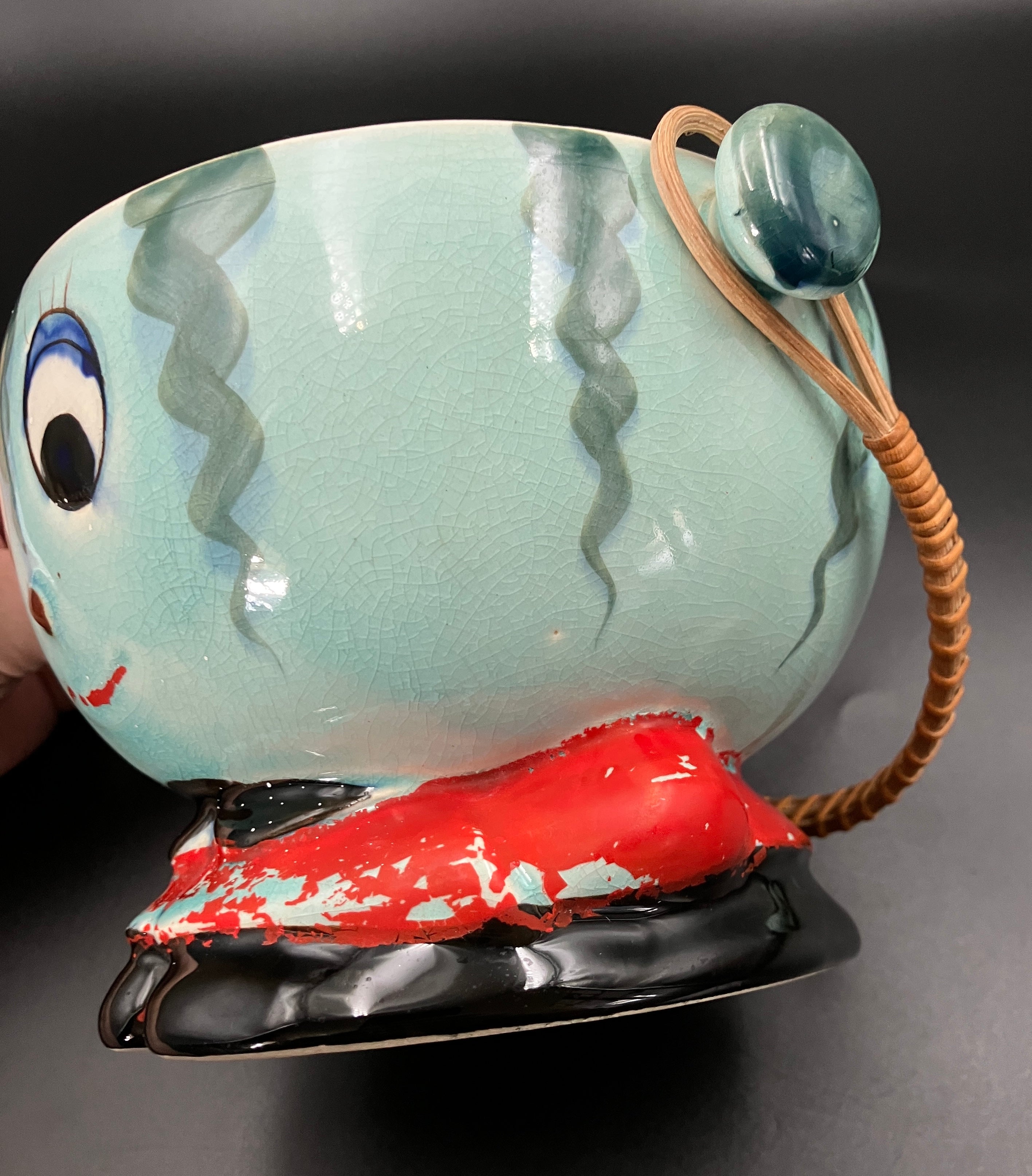 Vintage Cookie Jar Anthropomorphic Kitsch Watermelon With Cane handle Japan RARE