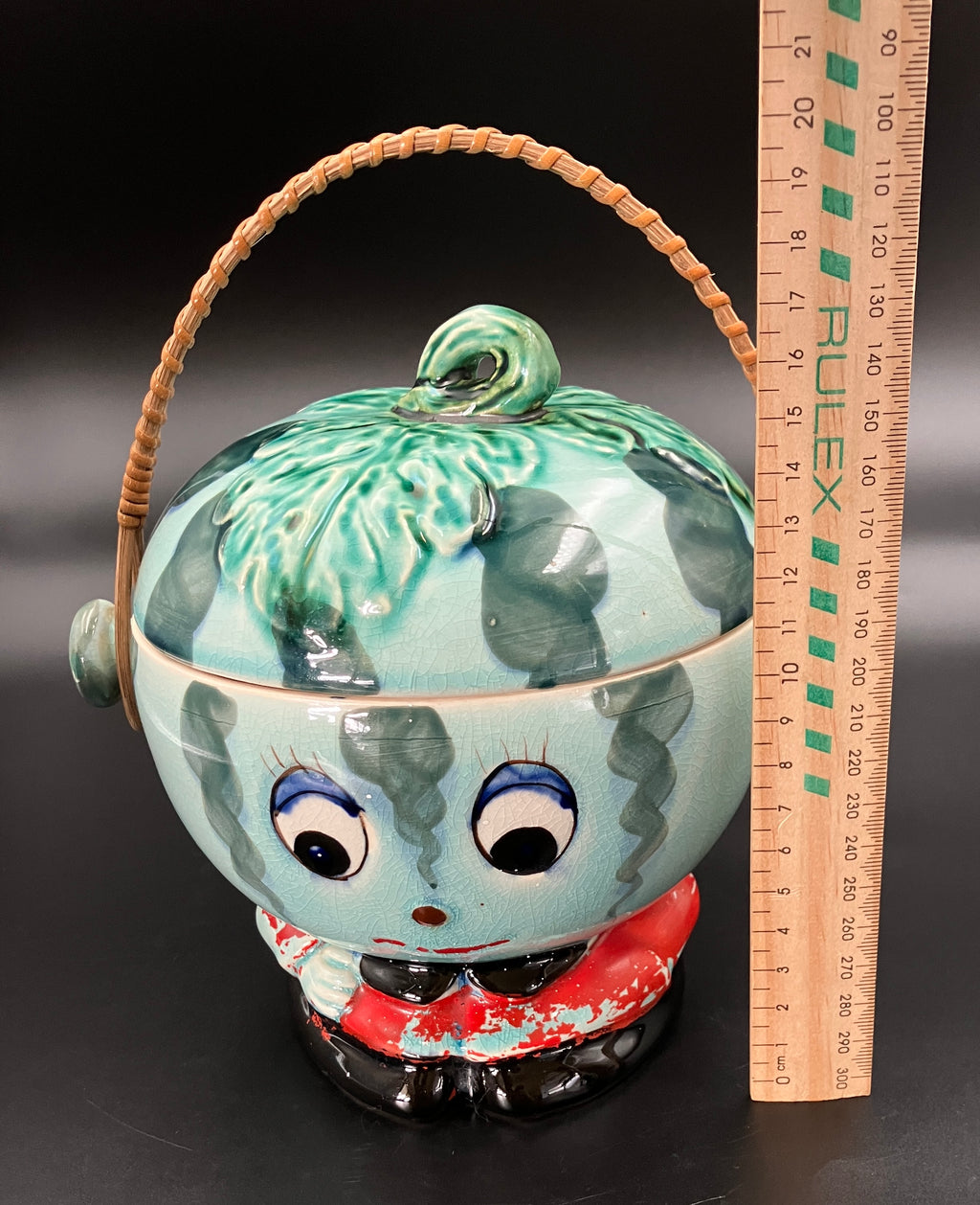Vintage Cookie Jar Anthropomorphic Kitsch Watermelon With Cane handle Japan RARE