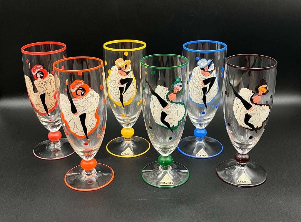 Vintage Harlequin Glasses Can Can Girls Stunning Set Of 6 - Alpine Germany