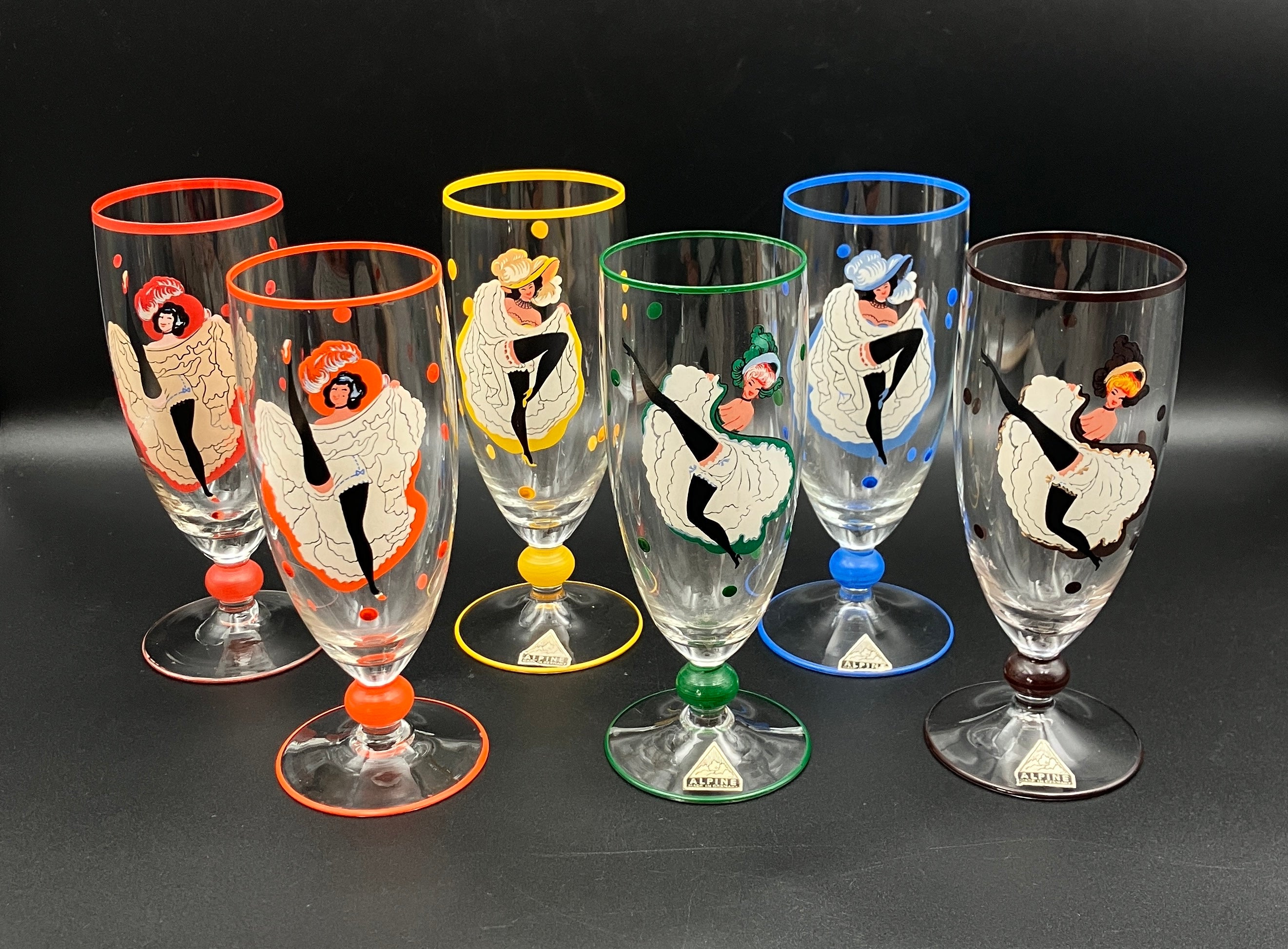 Vintage Harlequin Glasses Can Can Girls Stunning Set Of 6 - Alpine Germany