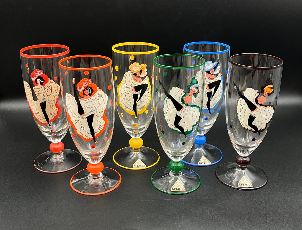 Vintage Harlequin Glasses Can Can Girls Stunning Set Of 6 - Alpine Germany