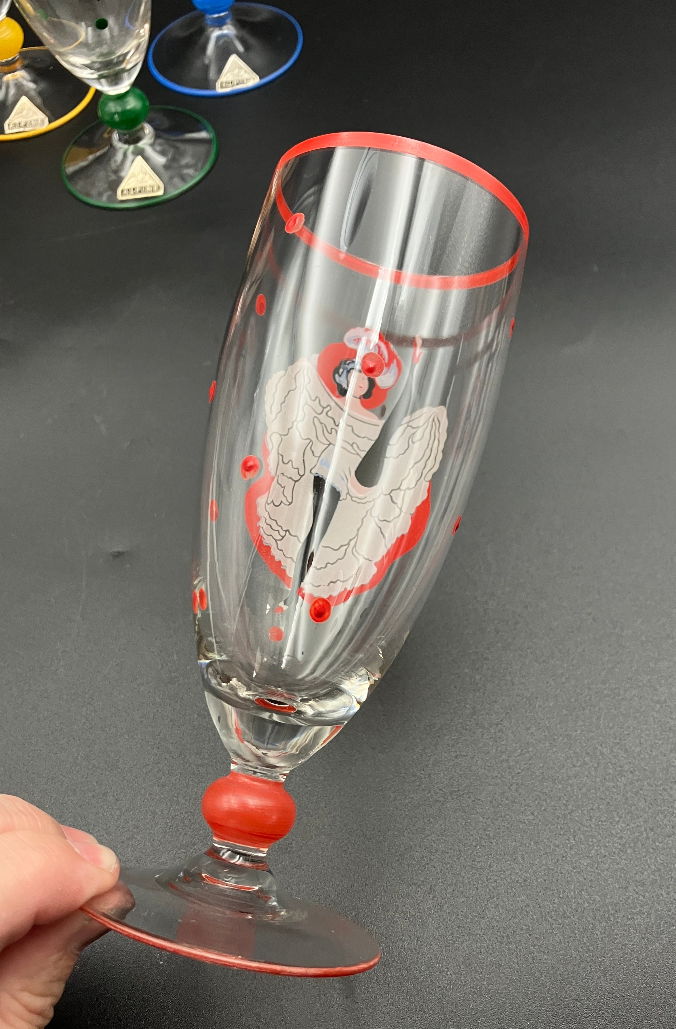 Vintage Harlequin Glasses Can Can Girls Stunning Set Of 6 - Alpine Germany