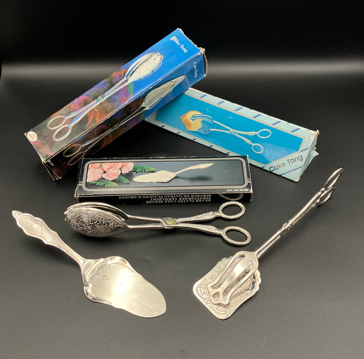 Vintage Silver Plated Tongs Scissor Serving Tongs & Cake Slice Boxed Lot Of 3