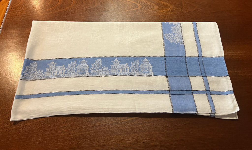 Vintage Willow Pattern Damask Tablecloth Blue Border 127cm X 129cm