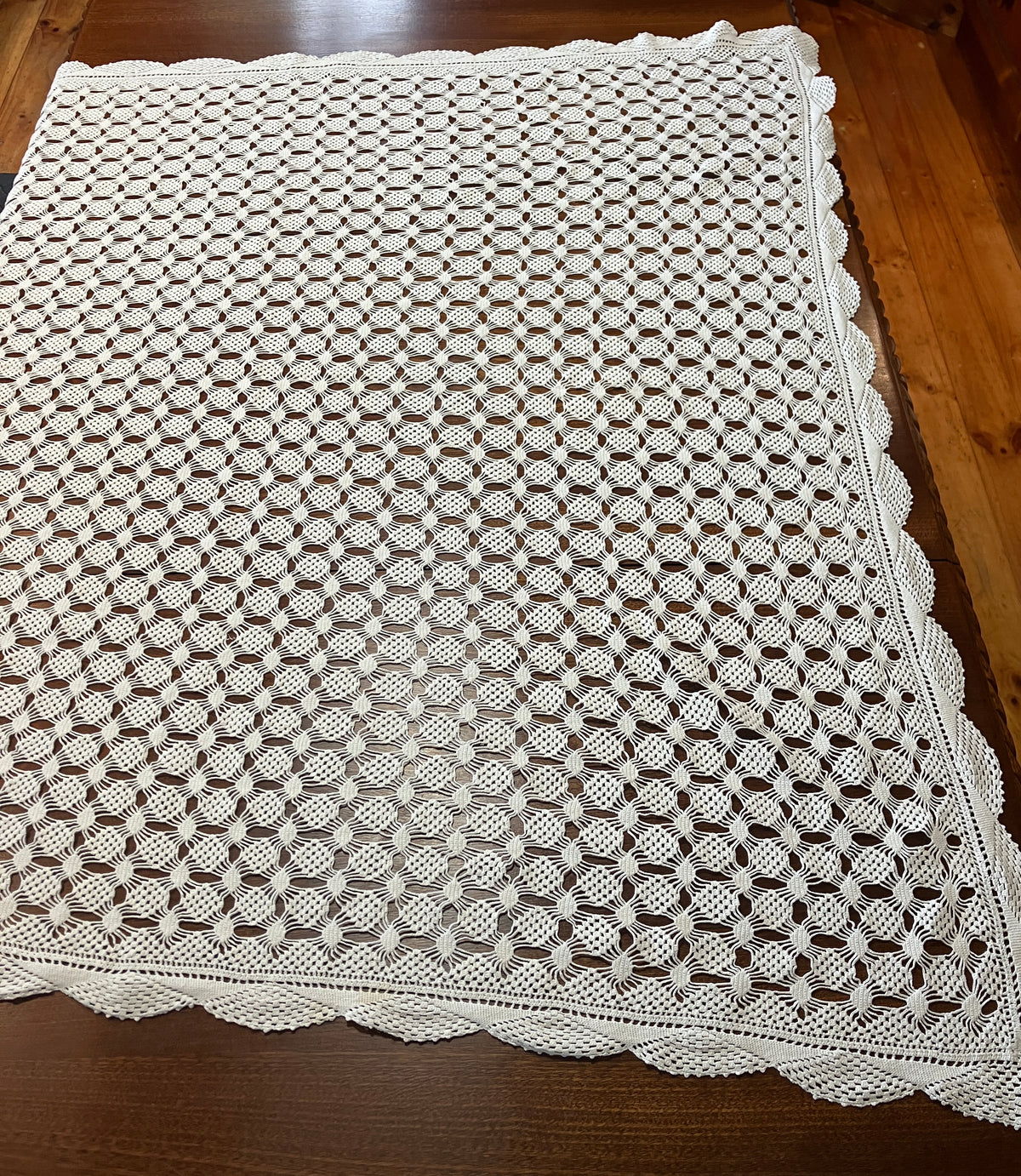 Vintage Crochet Tablecloth, Cotton Throw Or Bedspread 119cm X 120cm