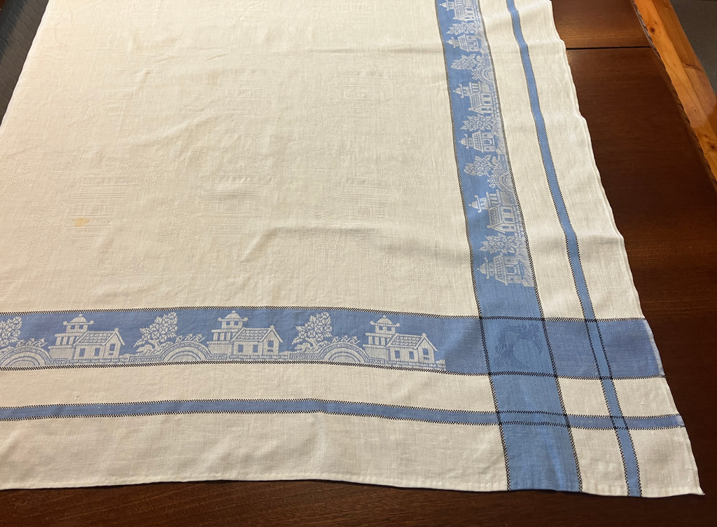 Vintage Willow Pattern Damask Tablecloth Blue Border 127cm X 129cm
