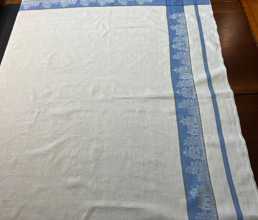 Vintage Willow Pattern Damask Tablecloth Blue Border 127cm X 129cm