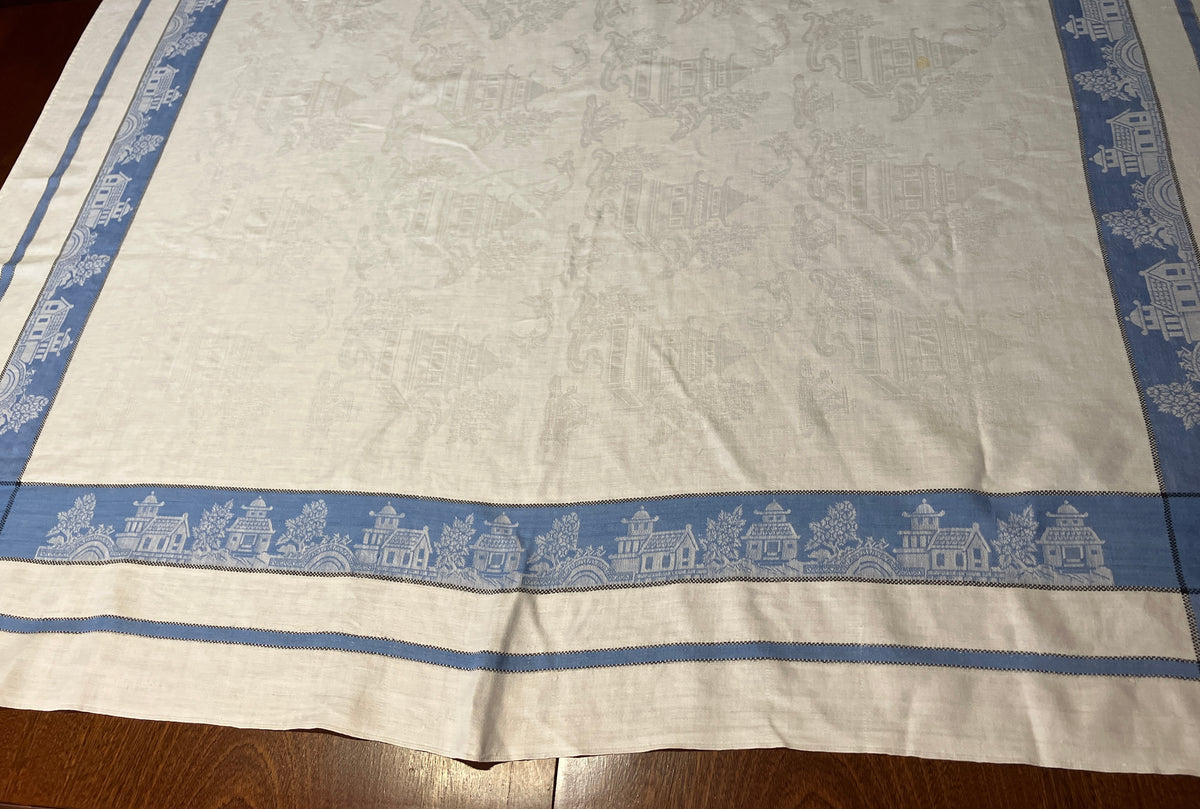 Vintage Willow Pattern Damask Tablecloth Blue Border 127cm X 129cm