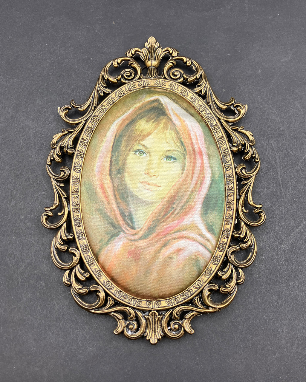 Vintage Italian Brass Oval Frame With Silk Lady - 19.5cm X 13.5cm Rare