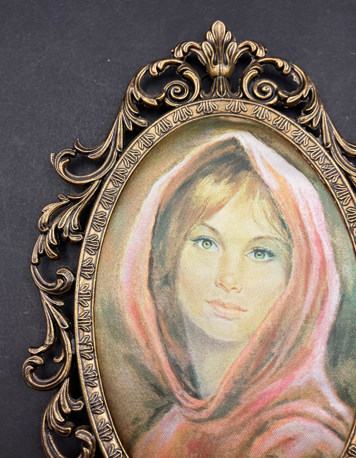Vintage Italian Brass Oval Frame With Silk Lady - 19.5cm X 13.5cm Rare