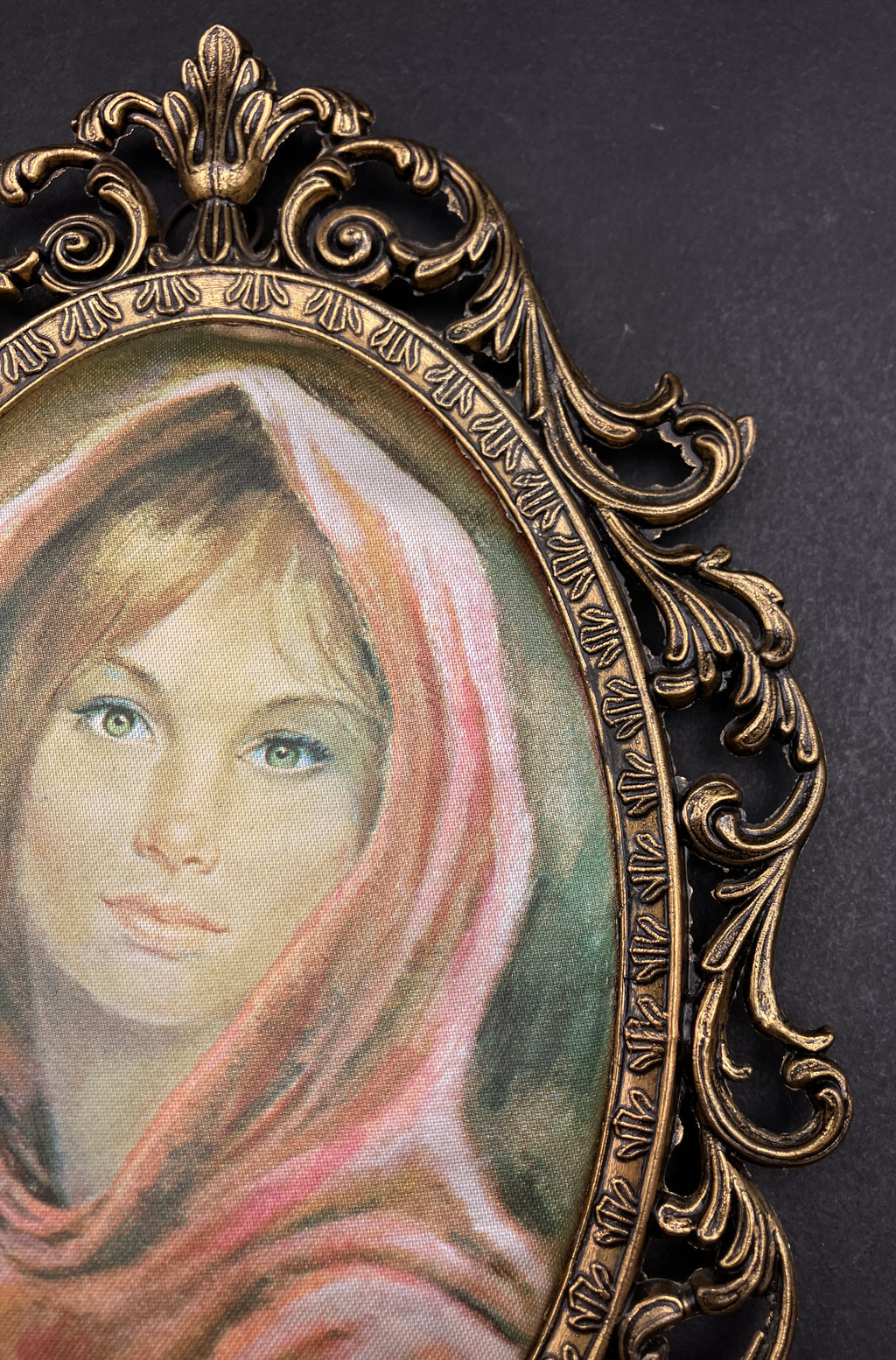 Vintage Italian Brass Oval Frame With Silk Lady - 19.5cm X 13.5cm Rare