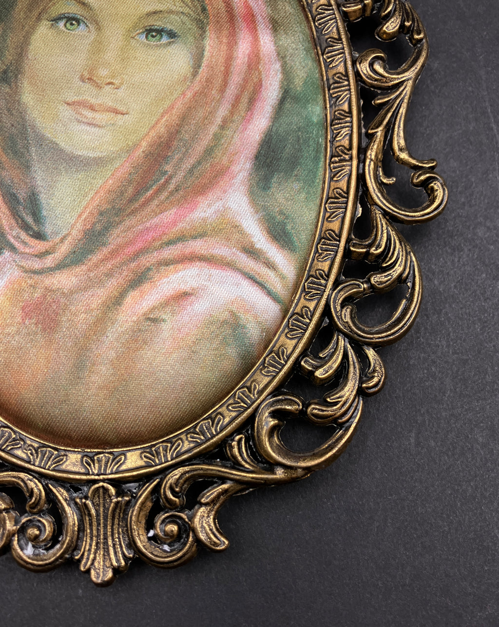 Vintage Italian Brass Oval Frame With Silk Lady - 19.5cm X 13.5cm Rare