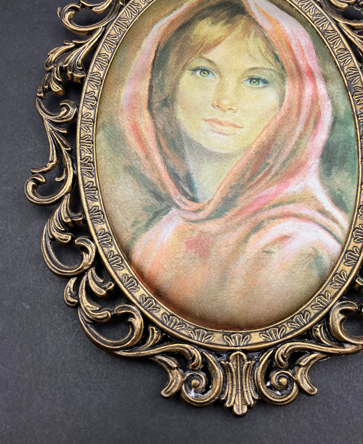 Vintage Italian Brass Oval Frame With Silk Lady - 19.5cm X 13.5cm Rare