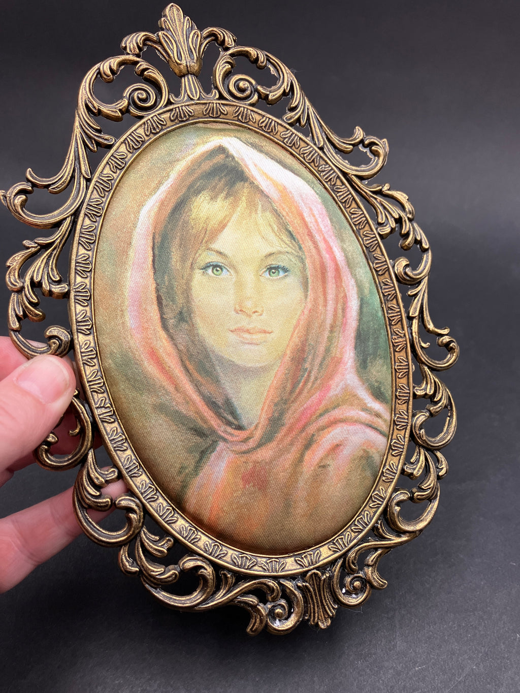 Vintage Italian Brass Oval Frame With Silk Lady - 19.5cm X 13.5cm Rare