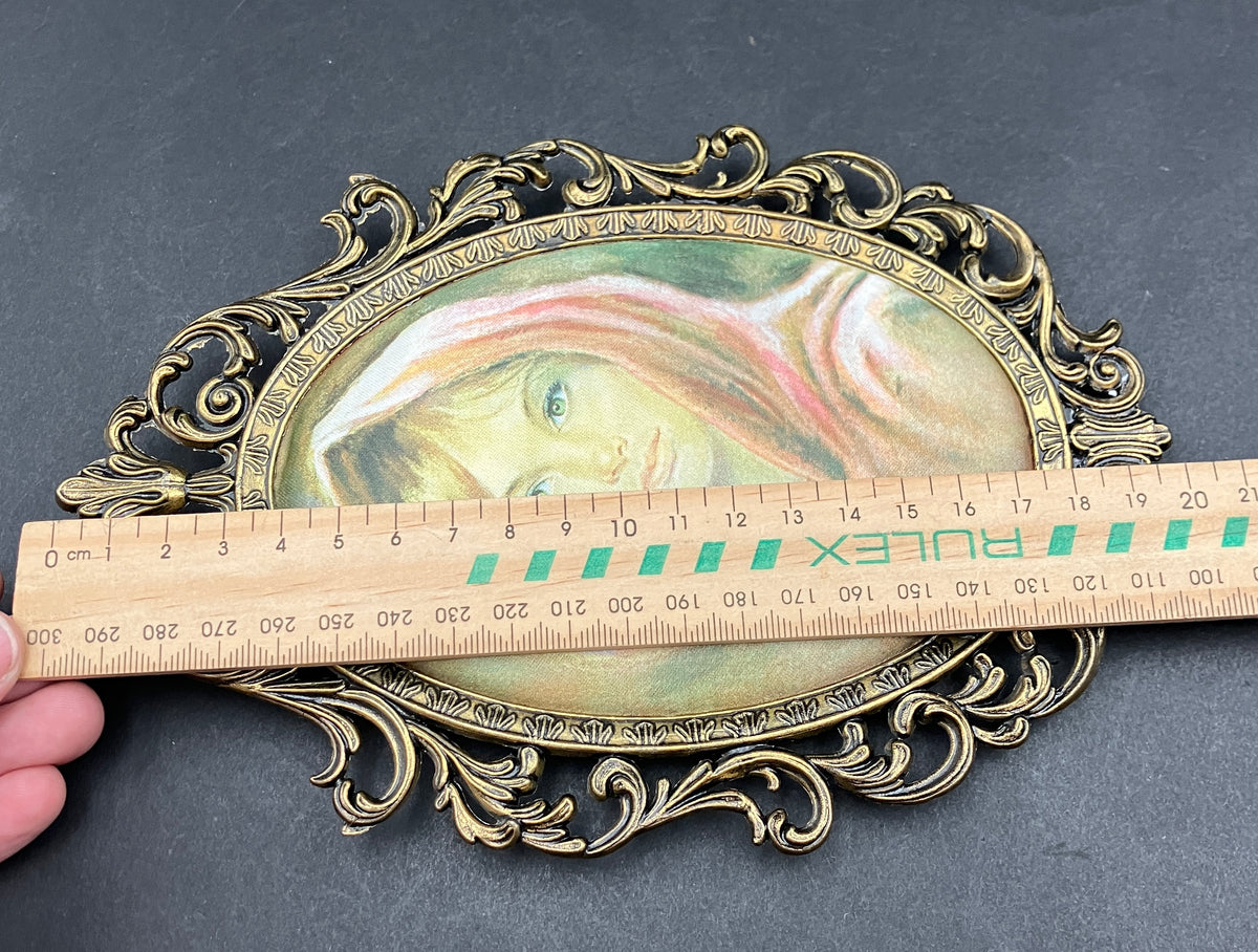 Vintage Italian Brass Oval Frame With Silk Lady - 19.5cm X 13.5cm Rare