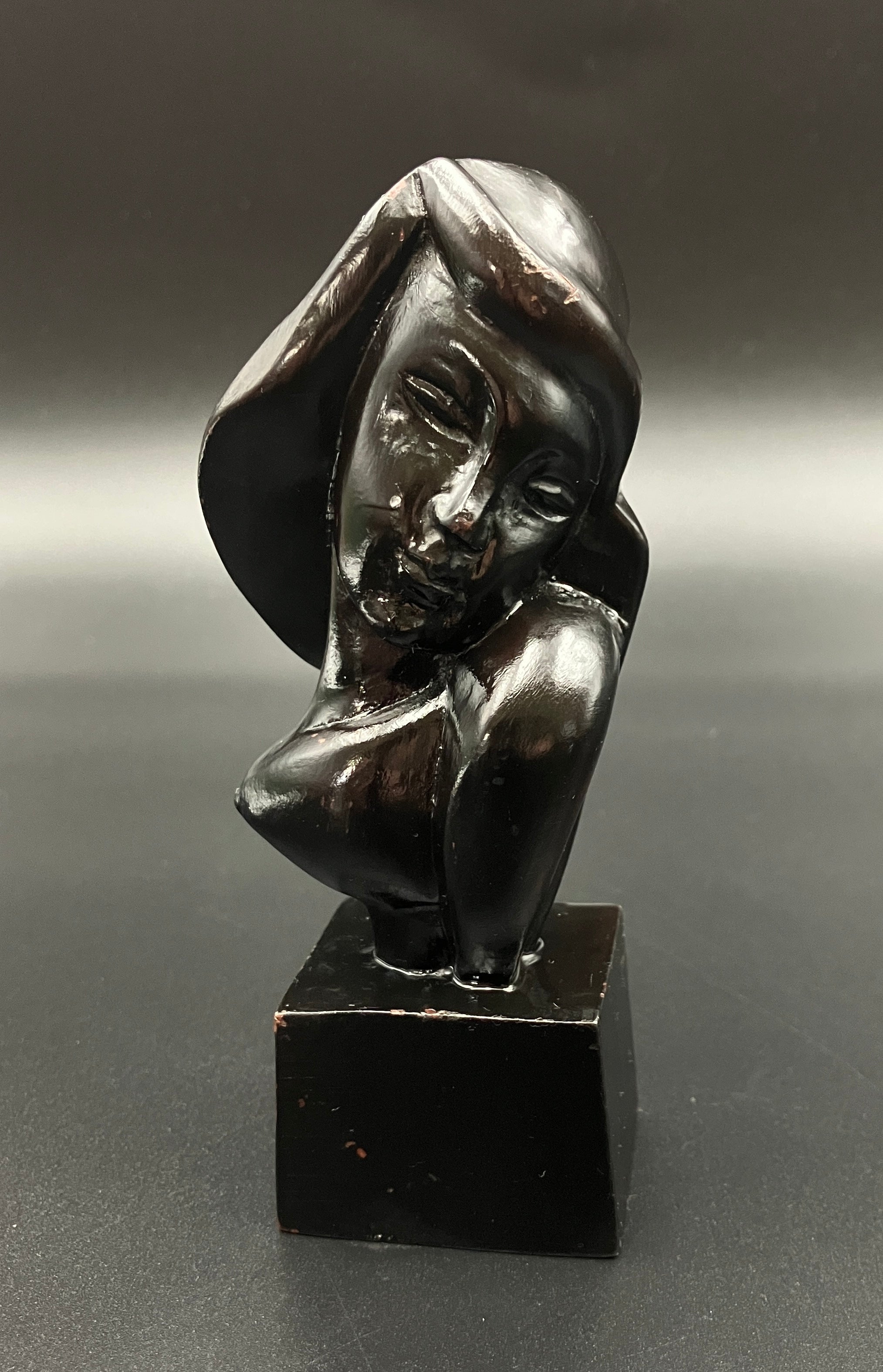 Art Deco Hand Carved Woman Sculpture Small Decor Bust Female 11.5cm Tall