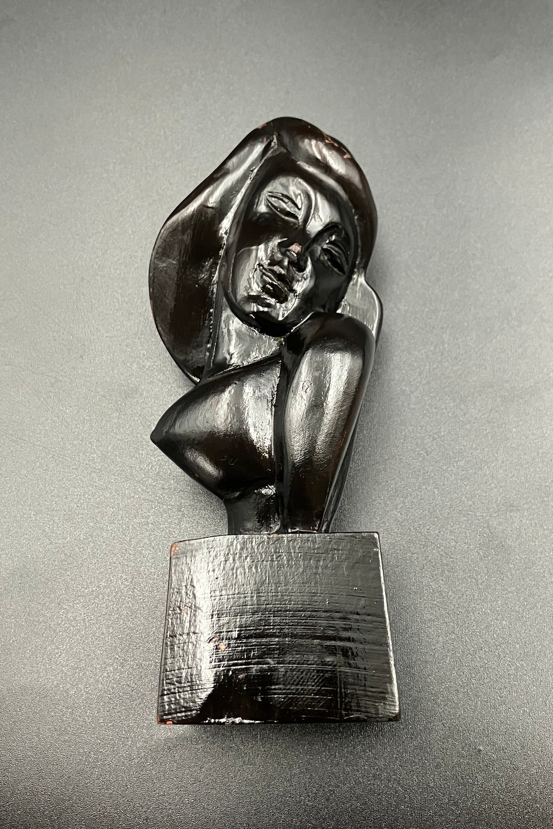Art Deco Hand Carved Woman Sculpture Small Decor Bust Female 11.5cm Tall