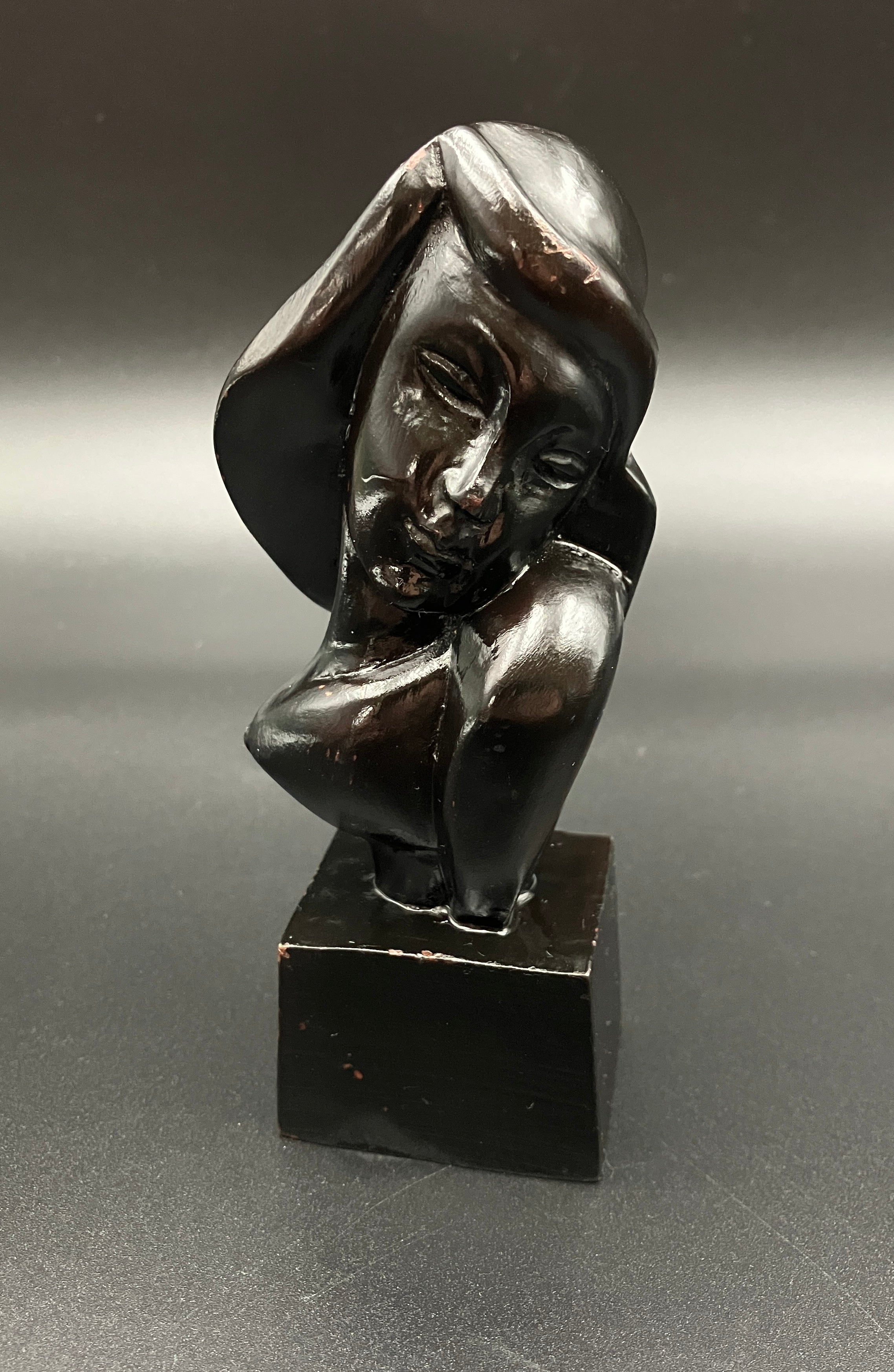 Art Deco Hand Carved Woman Sculpture Small Decor Bust Female 11.5cm Tall