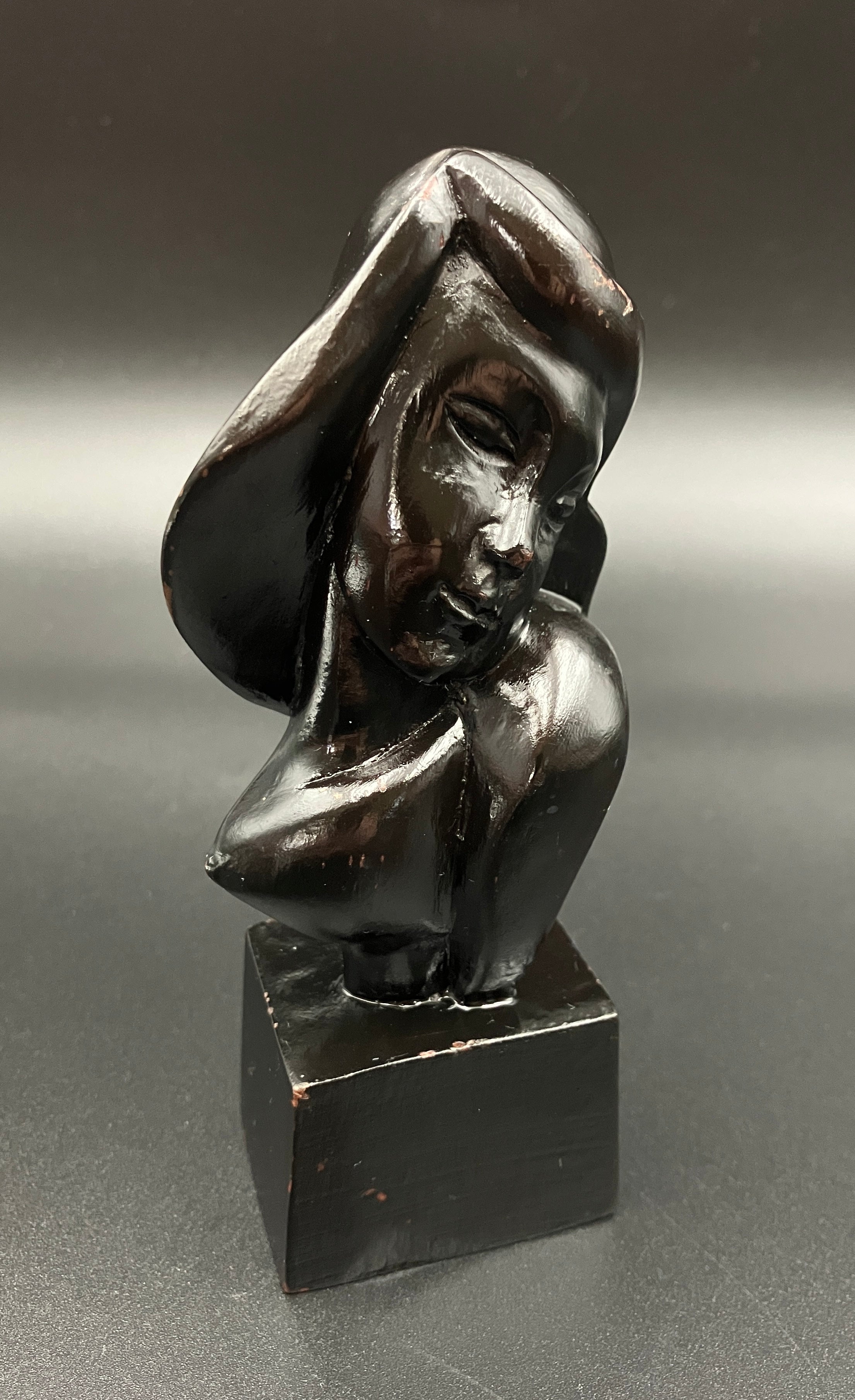 Art Deco Hand Carved Woman Sculpture Small Decor Bust Female 11.5cm Tall