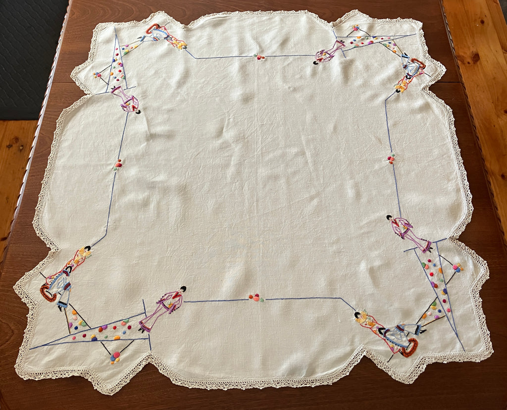 Vintage Embroidered Tablecloth Harlequin Fashion Ladies 88 X 85cm Table Cloth