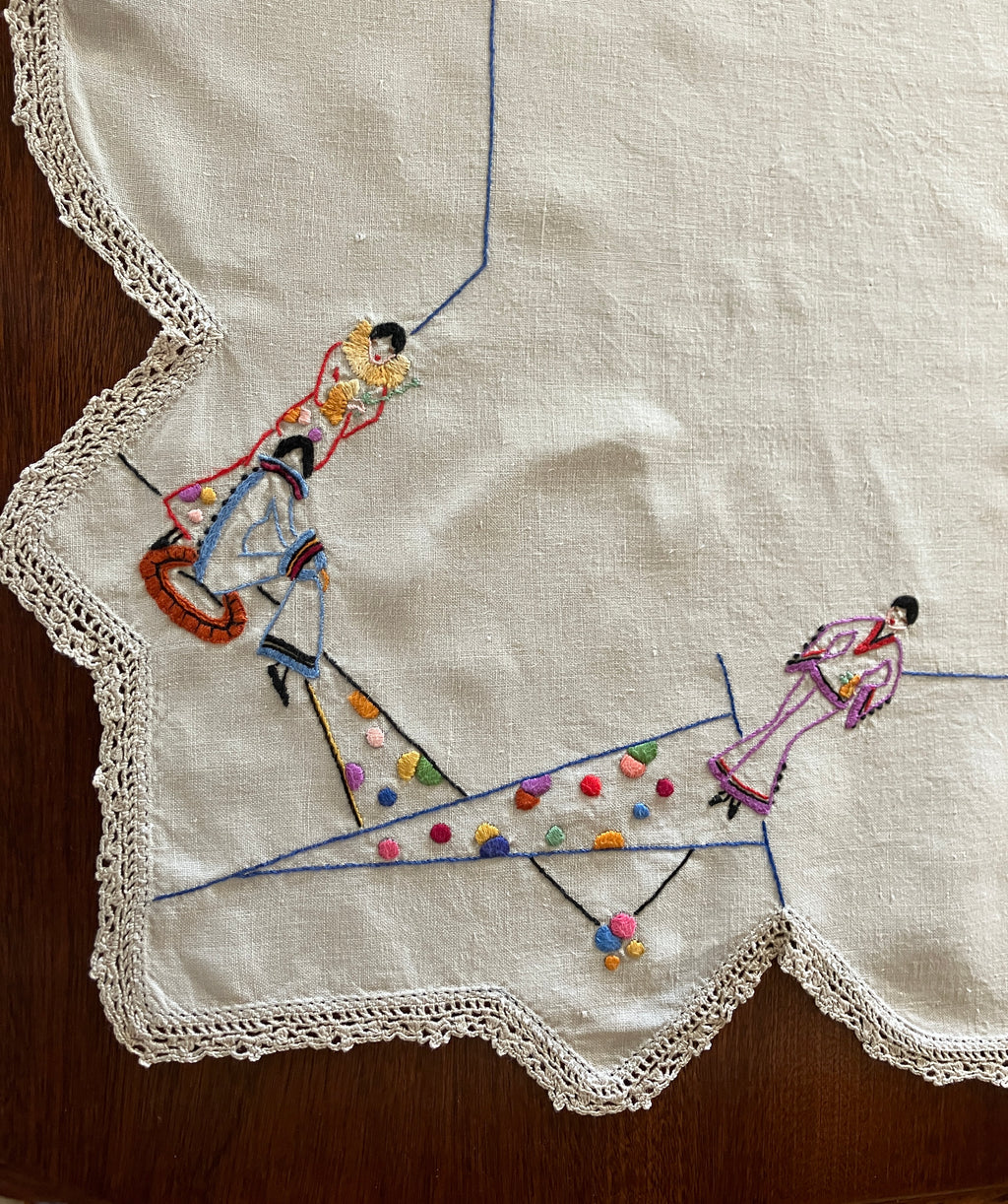 Vintage Embroidered Tablecloth Harlequin Fashion Ladies 88 X 85cm Table Cloth