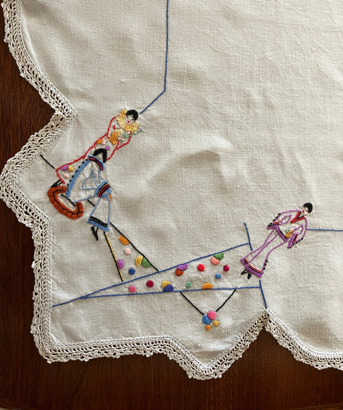 Vintage Embroidered Tablecloth Harlequin Fashion Ladies 88 X 85cm Table Cloth