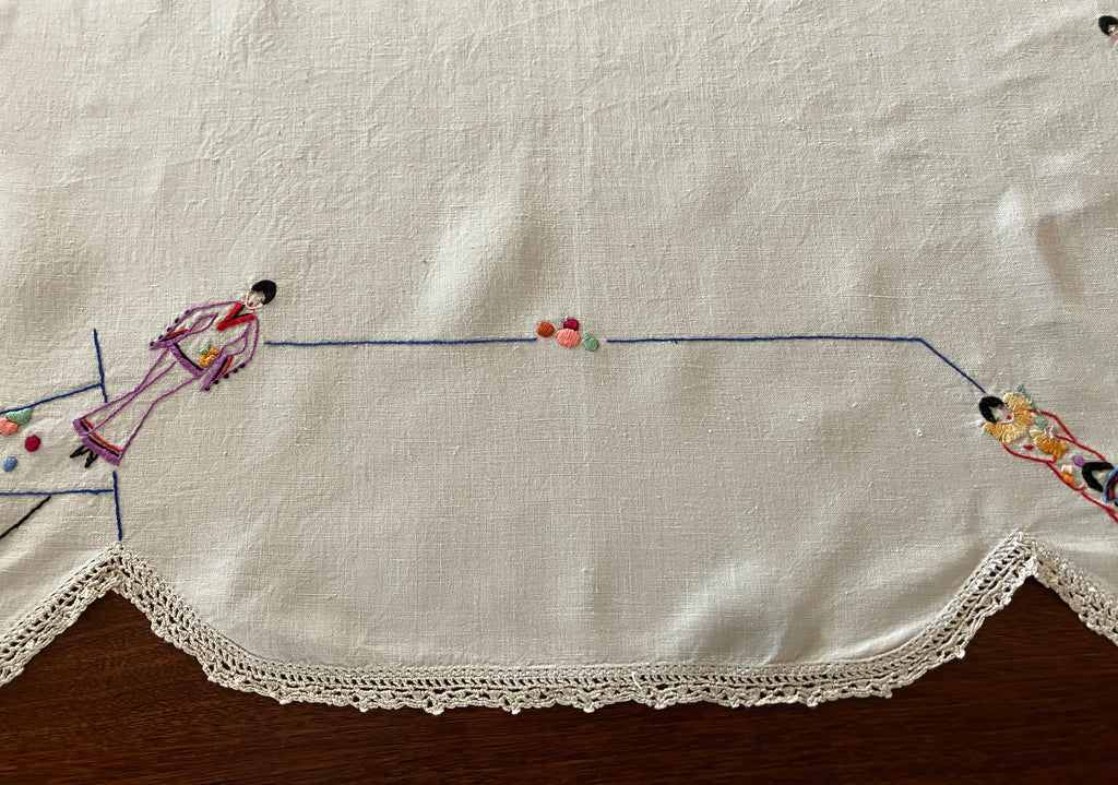 Vintage Embroidered Tablecloth Harlequin Fashion Ladies 88 X 85cm Table Cloth