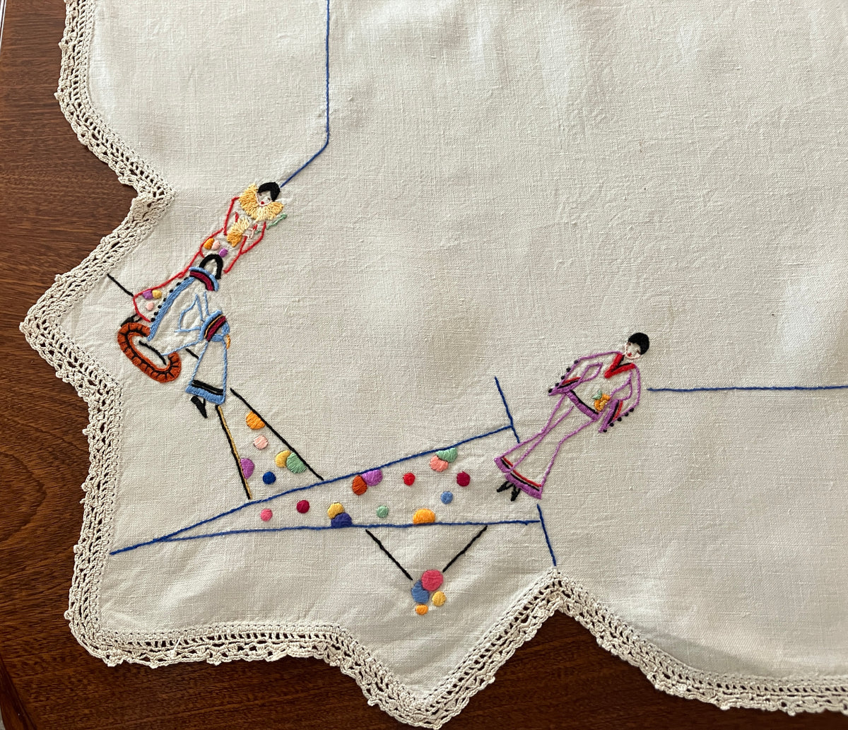 Vintage Embroidered Tablecloth Harlequin Fashion Ladies 88 X 85cm Table Cloth