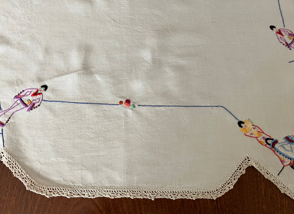 Vintage Embroidered Tablecloth Harlequin Fashion Ladies 88 X 85cm Table Cloth